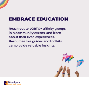 Pride flags and text about LGBTQ+ education